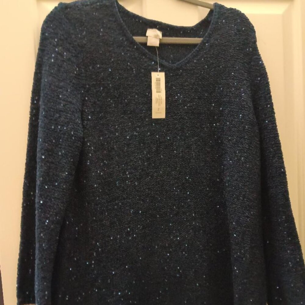 Chico's Midnight Sequin V-Neck Pullover Fashion Sweater in Size 2/Large. NEW - Picture 1 of 4